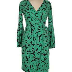 London Times Green and Blue Floral Timeless Faux Wrap Dress